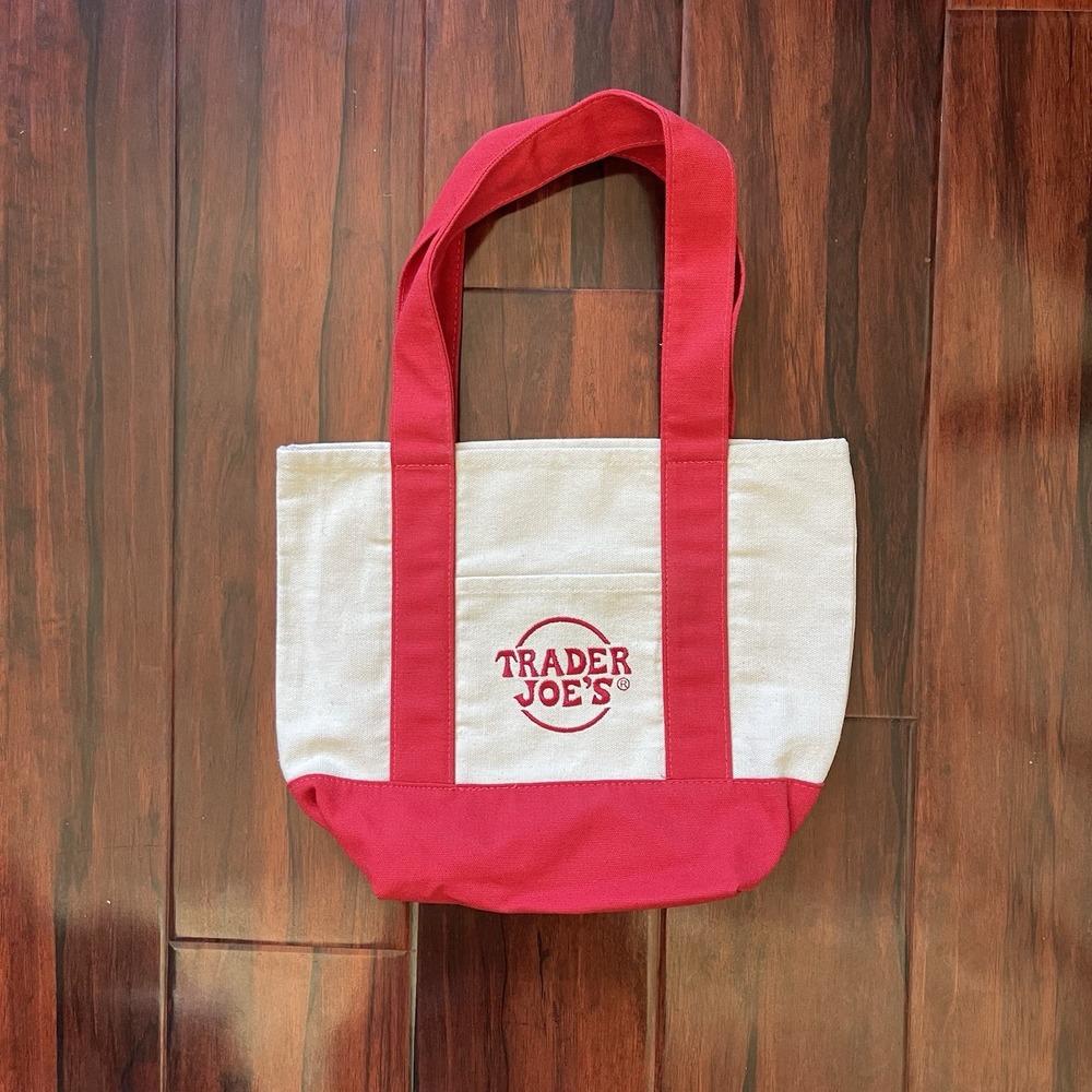 Trader Joe's Mini Canvas Tote Bag Red White Logo Canvas Cotton 13 x 14 x 10